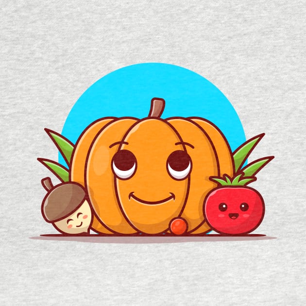 Happy Cute Pumpkin with Cute Acorn and Tomato Cartoon Vector Icon Illustration by Catalyst Labs